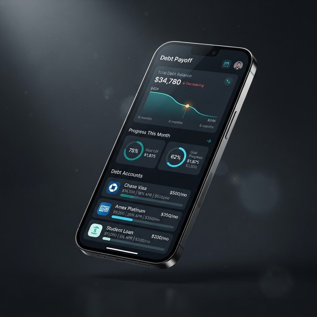 Alice Money debt-payoff dashboard shown on a phone